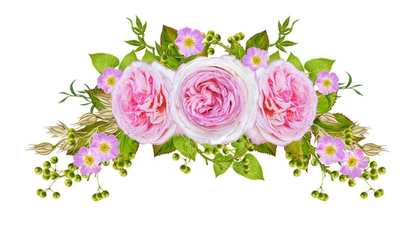 Çiçek aranjmanı, çelenk, buket. Narin pembe ve sarı güller, kırmızı meyveler, parlak yeşil yaprakları, süs bitkileri. Beyaz arka plan üzerinde izole.