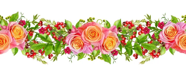 Arranjo de flores, grinalda, buquê. Rosas rosa e amarelas delicadas, bagas vermelhas, folhas verdes brilhantes, plantas ornamentais. Isolado sobre fundo branco . — Fotografia de Stock