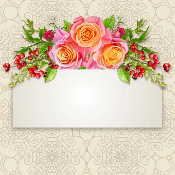 Fundo floral. Saudação postal vintage, tom pastel, estilo antigo. Arranjo de flores de rosas rosa . — Fotografia de Stock