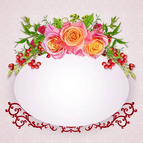 Florale achtergrond. Groet vintage briefkaart, pastel Toon, oude stijl. Bloemstuk van roze rozen. — Stockfoto