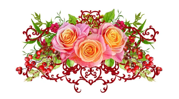Golden textured curls. Oriental style arabesques. Brilliant lace, stylized flowers. Openwork weaving delicate. Garland of delicate pink roses, green leaves, branches with berries. — Stock Photo, Image