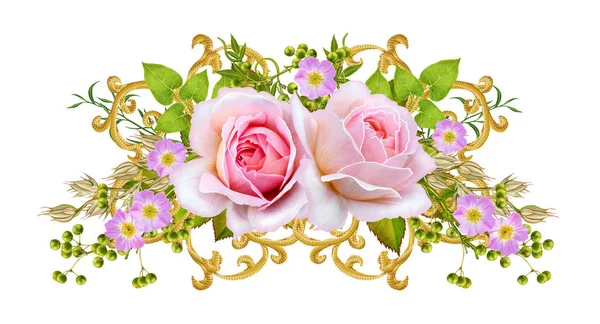 Altın dokulu bukleler. Oryantal tarzı Arabesk. Parlak dantel, stilize çiçekler. Ajur hassas dokuma. Garland narin pembe Gül ' yeşil yaprakları, dalları meyveleri ile.