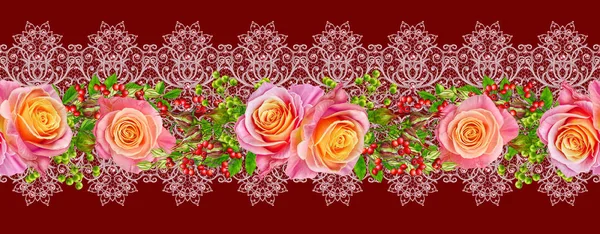Frontera floral horizontal. Patrón, sin costuras. Estilo antiguo. Guirnalda de flores de rosas rosadas delicadas, brotes. Encaje brillante, flores estilizadas. Tejido calado delicado — Foto de Stock