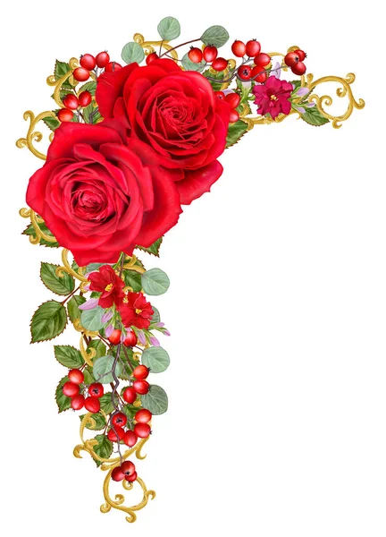 Çiçek aranjmanı, çelenk, buket. Hassas kırmızı güller, kırmızı meyveler, parlak yeşil yaprakları, süs bitkileri. Beyaz arka plan üzerinde izole.