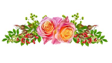 Çiçek aranjmanı, çelenk, buket. Narin pembe ve sarı güller, kırmızı meyveler, parlak yeşil yaprakları, süs bitkileri. Beyaz arka plan üzerinde izole.