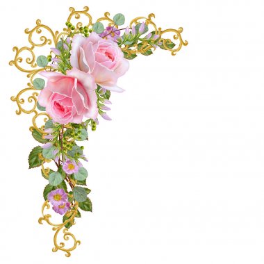 Altın dokulu bukleler. Oryantal tarzı Arabesk. Parlak dantel, stilize çiçekler. Ajur hassas dokuma. Garland narin pembe Gül ' yeşil yaprakları, dalları meyveleri ile.