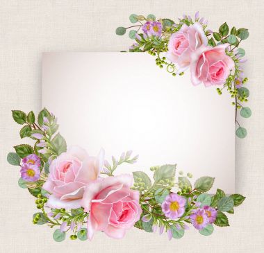 Çiçek arka plan. Tebrik vintage kartpostal, pastel tonu, eski stil. Pembe Gül çiçek aranjmanı.
