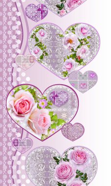 sınır seamless modeli. Rakamlar bir kalp şeklinde dekore edilmiş bir altın ajur örgü, dantel, pembe Gül parlak çiçek kompozisyonlar.