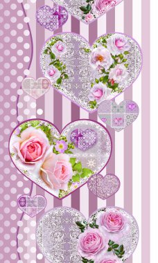 sınır seamless modeli. Rakamlar bir kalp şeklinde dekore edilmiş bir altın ajur örgü, dantel, pembe Gül parlak çiçek kompozisyonlar.