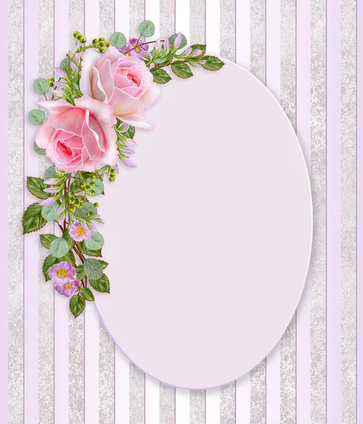 Florale achtergrond. Groet vintage briefkaart, pastel Toon, oude stijl. Bloemstuk van roze rozen. — Stockfoto