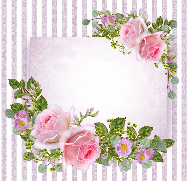 Цветочный фон. Приветственная открытка, пастельный тон, старинный стиль. Расположение цветов розовых роз . — стоковое фото