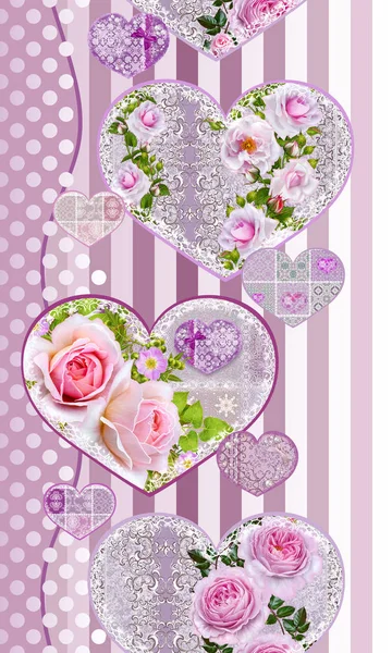 Border seamless pattern. Figures in the shape of a heart decorated with a golden openwork weave, lace, bright floral compositions of pink roses. — Stock Photo, Image