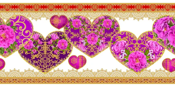 border seamless pattern. Figures in the shape of a heart decorated with a golden openwork weave, lace, bright floral compositions of pink roses.