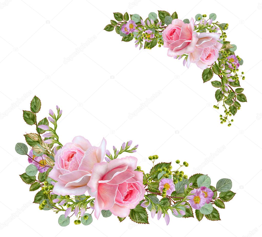 Floral background. Greeting vintage postcard, pastel tone, old style. Flower arrangement of pink roses.