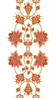 Dikişsiz desen dikey kenarlık. Altın dokulu bukleler. Parlak dantel, stilize çiçekler. Narin, altın arka plan, Paisley dokuma Ajur.