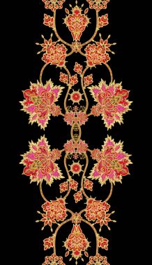 Dikişsiz desen dikey kenarlık. Altın dokulu bukleler. Parlak dantel, stilize çiçekler. Narin, altın arka plan, Paisley dokuma Ajur.