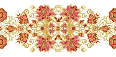 Seamless modeli yatay kenarlık. Altın dokulu bukleler. Parlak dantel, stilize çiçekler. Narin, altın arka plan, Paisley dokuma Ajur.