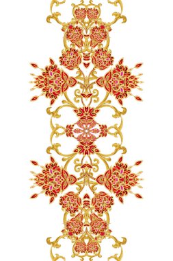 Dikişsiz desen dikey kenarlık. Altın dokulu bukleler. Parlak dantel, stilize çiçekler. Narin, altın arka plan, Paisley dokuma Ajur.