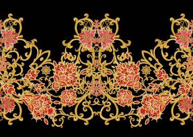Seamless modeli yatay kenarlık. Altın dokulu bukleler. Parlak dantel, stilize çiçekler. Narin, altın arka plan, Paisley dokuma Ajur.