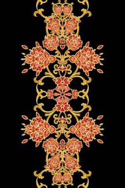 Dikişsiz desen dikey kenarlık. Altın dokulu bukleler. Parlak dantel, stilize çiçekler. Narin, altın arka plan, Paisley dokuma Ajur.