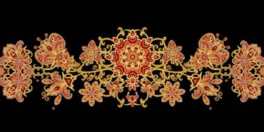 Seamless modeli yatay kenarlık. Altın dokulu bukleler. Parlak dantel, stilize çiçekler. Narin, altın arka plan, Paisley dokuma Ajur.