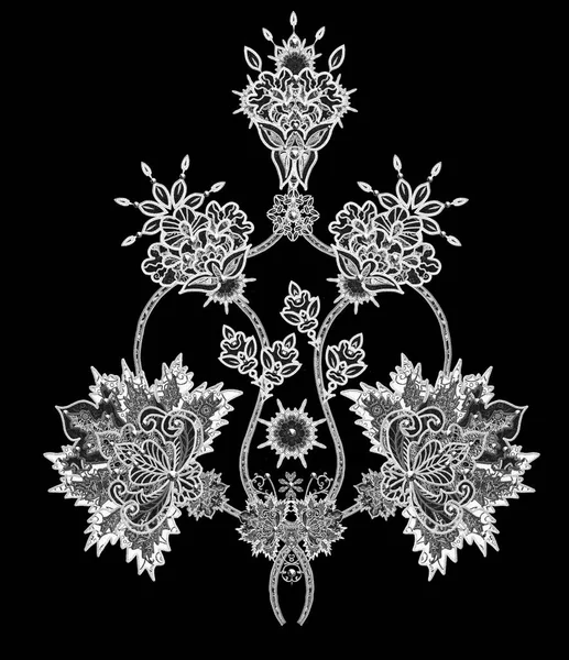 Stylized golden shiny flowers on high stems, elements of paisley decor. Isolated. Monochrome tracery, openwork curls. — Stock Photo, Image