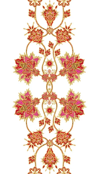 Seamless pattern vertical border. Golden textured curls. Brilliant lace, stylized flowers. Openwork weaving delicate, golden background, Paisley. — Stock Photo, Image