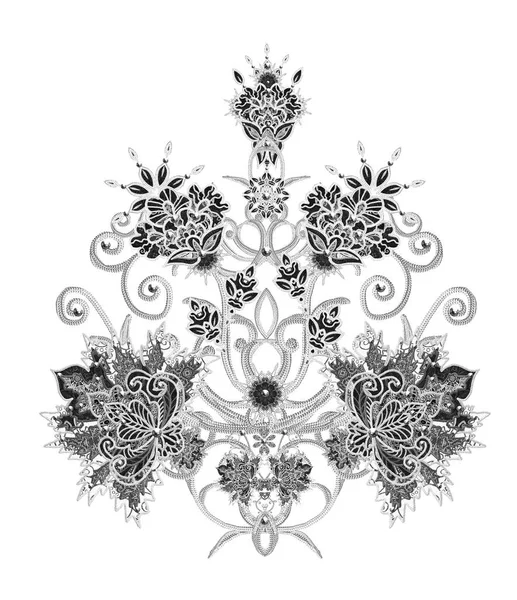 Stylized golden shiny flowers on high stems, elements of paisley decor. Isolated. Monochrome tracery, openwork curls. — Stock Photo, Image