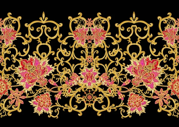 Χωρίς ραφή πρότυπο οριζόντιου περιγράμματος. Χρυσή ανάγλυφη μπούκλες. Λαμπρή δαντέλα, στυλιζαρισμένα λουλούδια. Διάτρητο ύφανση λεπτό, χρυσό φόντο, Paisley. — Φωτογραφία Αρχείου