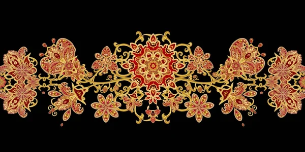 Seamless modeli yatay kenarlık. Altın dokulu bukleler. Parlak dantel, stilize çiçekler. Narin, altın arka plan, Paisley dokuma Ajur.