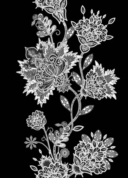シームレス パターン。華麗なレース、様式化された花です。透かし彫りの繊細な織りペイズリー。白黒の幾何学模様の透かし彫りカールします。. — ストック写真