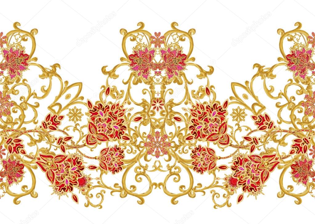 Seamless pattern horizontal border. Golden textured curls. Brilliant lace, stylized flowers. Openwork weaving delicate, golden background, Paisley.