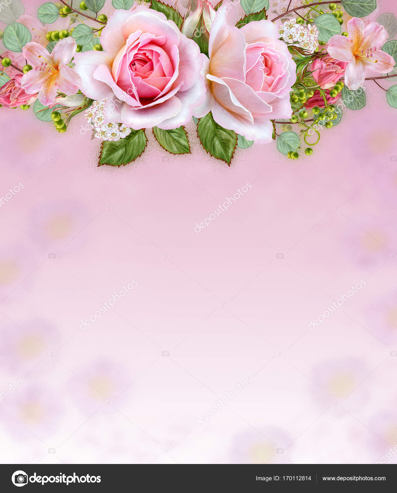 Floral background. Garland of flowers, tender pink roses, berries and  leaves. Greeting card, invitation, business card. Stock Photo by ©sokolova_  170112814