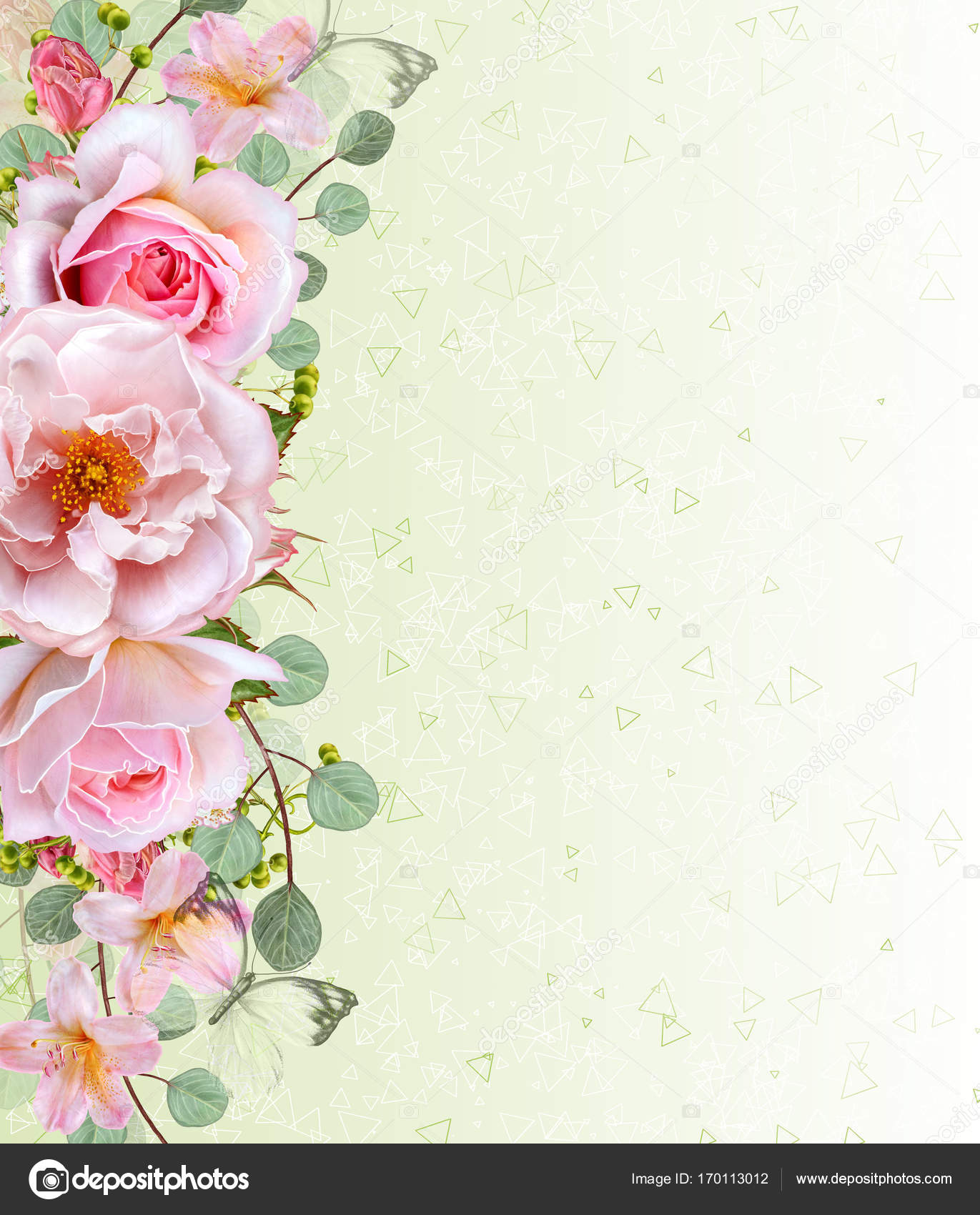 Floral background. Garland of flowers, tender pink roses, berries and  leaves. Greeting card, invitation, business card. Stock Photo by ©sokolova_  170113012