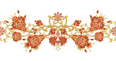 Seamless modeli yatay kenarlık. Altın dokulu bukleler. Parlak dantel, stilize çiçekler. Narin, altın arka plan, Paisley dokuma Ajur.