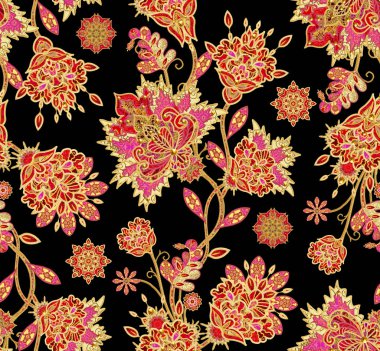 Dikişsiz desen dikey kenarlık. Altın dokulu bukleler. Parlak dantel, stilize çiçekler. Narin, altın arka plan, Paisley dokuma Ajur.