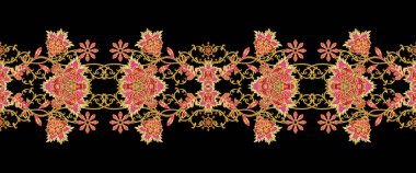 Seamless modeli yatay kenarlık. Altın dokulu bukleler. Parlak dantel, stilize çiçekler. Narin, altın arka plan, Paisley dokuma Ajur.