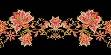 Seamless modeli yatay kenarlık. Altın dokulu bukleler. Parlak dantel, stilize çiçekler. Narin, altın arka plan, Paisley dokuma Ajur.