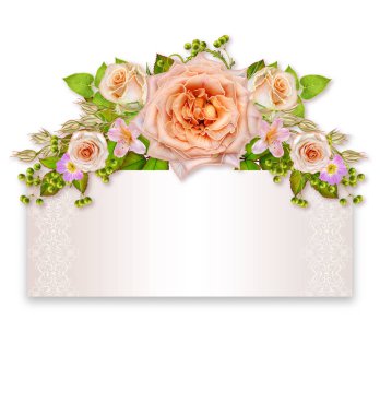 Çiçek arka plan. Tebrik vintage kartpostal, pastel tonu, eski stil. Pembe Gül çiçek aranjmanı.
