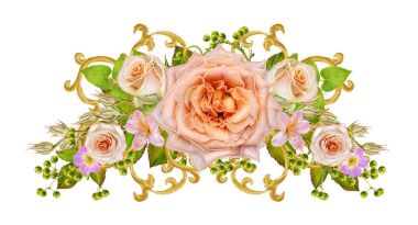 çiçek sınır. Desen, sorunsuz. Eski stil. Pembe Gül, tomurcuklar çiçek çelenk. Altın dokulu bukleler. Oryantal tarzı Arabesk. Parlak dantel. Hassas dokuma Ajur.