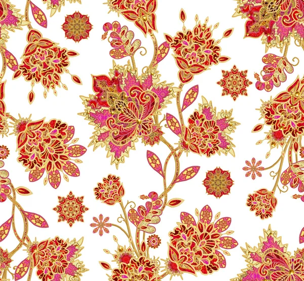 Dikişsiz desen dikey kenarlık. Altın dokulu bukleler. Parlak dantel, stilize çiçekler. Narin, altın arka plan, Paisley dokuma Ajur.
