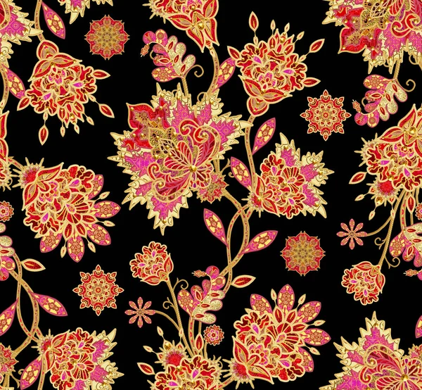 Dikişsiz desen dikey kenarlık. Altın dokulu bukleler. Parlak dantel, stilize çiçekler. Narin, altın arka plan, Paisley dokuma Ajur.
