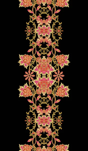Vzor bezešvé svislé ohraničení. Zlaté texturou kadeře. Brilantní krajky, stylizované květiny. Prolamované tkaní delikátní, zlaté pozadí, Paisley. — Stock fotografie
