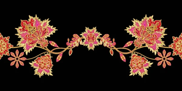 Jednolity wzór krawędź pozioma. Złote Loki teksturą. Genialny koronki, stylizowane kwiaty. Ażurowe tkania delikatny, Złote tło, Paisley. — Zdjęcie stockowe