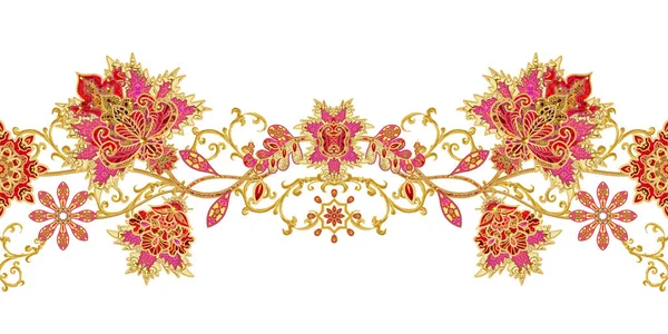 Seamless mönster vågrät kantlinje. Gyllene texturerat lockar. Lysande spetsar, stiliserade blommor. Genombrutna väva fina, gyllene bakgrund, Paisley. — Stockfoto