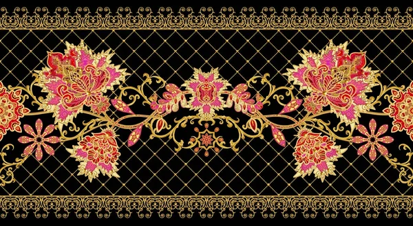Jednolity wzór krawędź pozioma. Złote Loki teksturą. Genialny koronki, stylizowane kwiaty. Ażurowe tkania delikatny, Złote tło, Paisley. — Zdjęcie stockowe