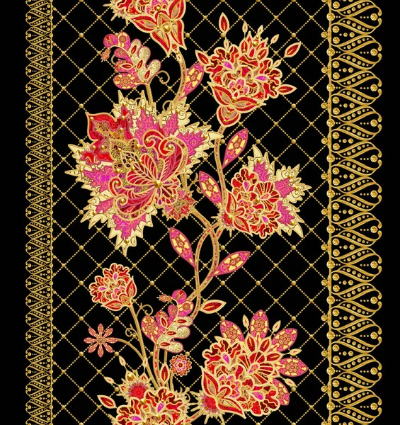 Granicy pionowy wzór. Złote Loki teksturą. Genialny koronki, stylizowane kwiaty. Ażurowe tkania delikatny, Złote tło, Paisley. — Zdjęcie stockowe