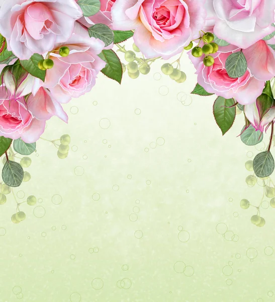 Цветочный фон. Гирлянда цветов, нежные розовые розы, ягоды и листья. Открытка, приглашение, визитка . — стоковое фото