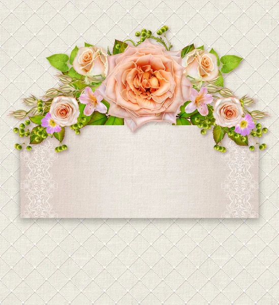 Sfondo floreale. Cartolina di auguri vintage, tono pastello, vecchio stile. Disposizione floreale di rose rosa . — Foto Stock
