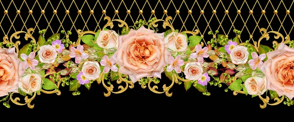 Blumenkranz. Muster, nahtlos. alten Stils. Blumengirlande aus rosa Rosen, Knospen. goldene strukturierte Locken. Arabesken orientalischen Stils. Brillante Spitze. Spinnweberei zart. — Stockfoto